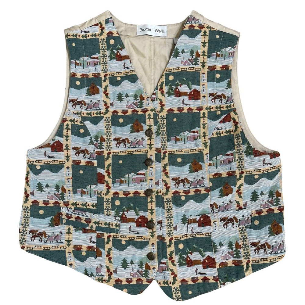 Vintage Baxter Wells Winter Tapestry Vest M Multi-Color Christmas Sleigh Snowman
